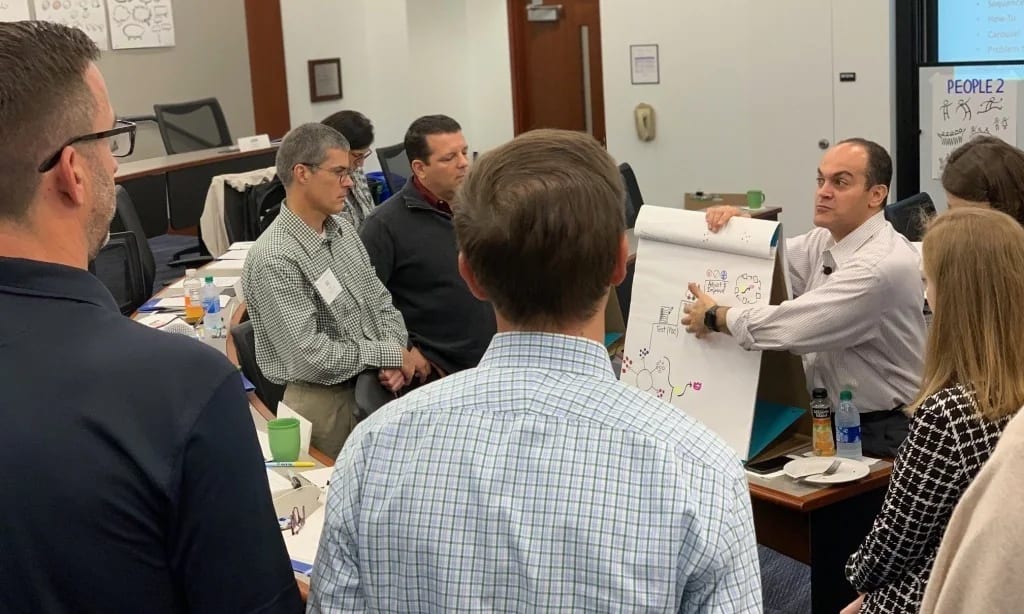 David Nour facilitating a group coaching conversation around a table